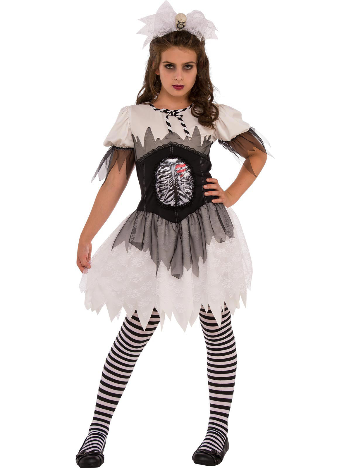Teen Skeleton Costume with Rib Cage Dress, Striped Leggings and Skull Headband