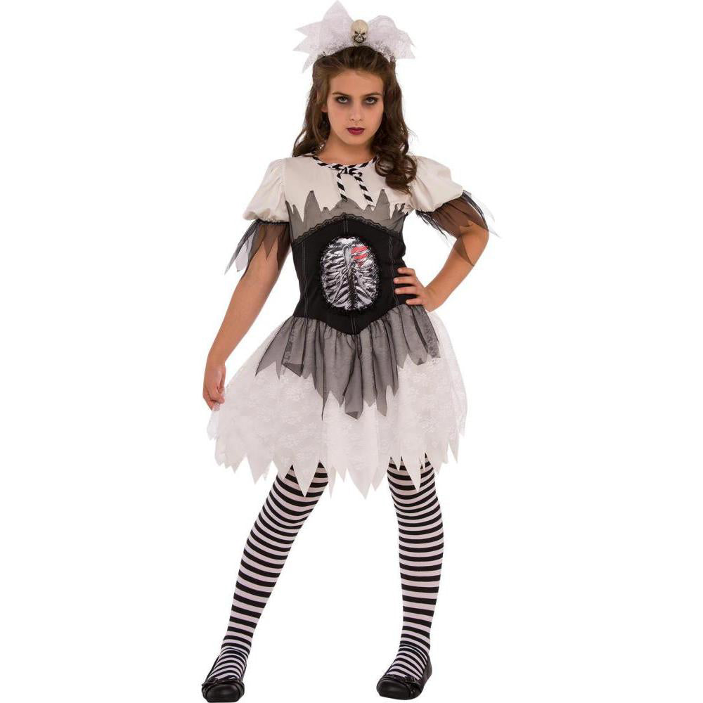 Teen Skeleton Costume with Rib Cage Dress, Striped Leggings and Skull Headband