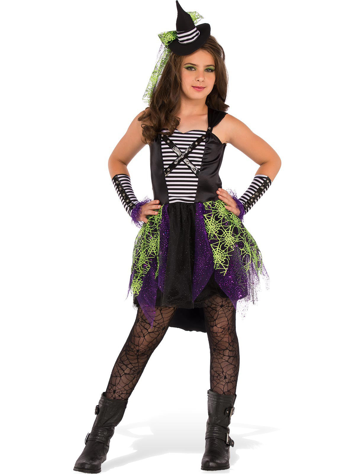 Midnight Witch Costume Teen Girls Halloween Dress with Hat and Striped Gauntlets