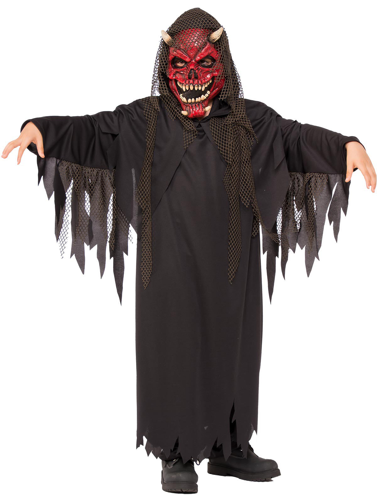 Hell Raiser Kids Costume with Jagged Robe and Textured Demon Face Mask