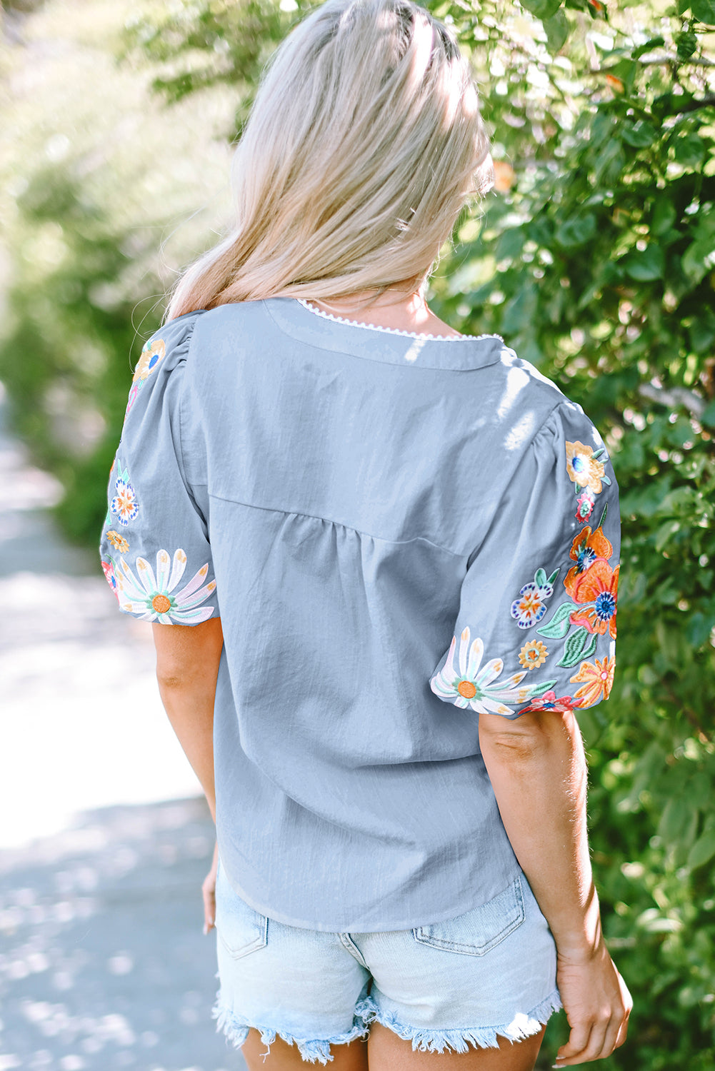 Clearly Aqua Floral Embroidered Puff Sleeve Split Neck Blouse