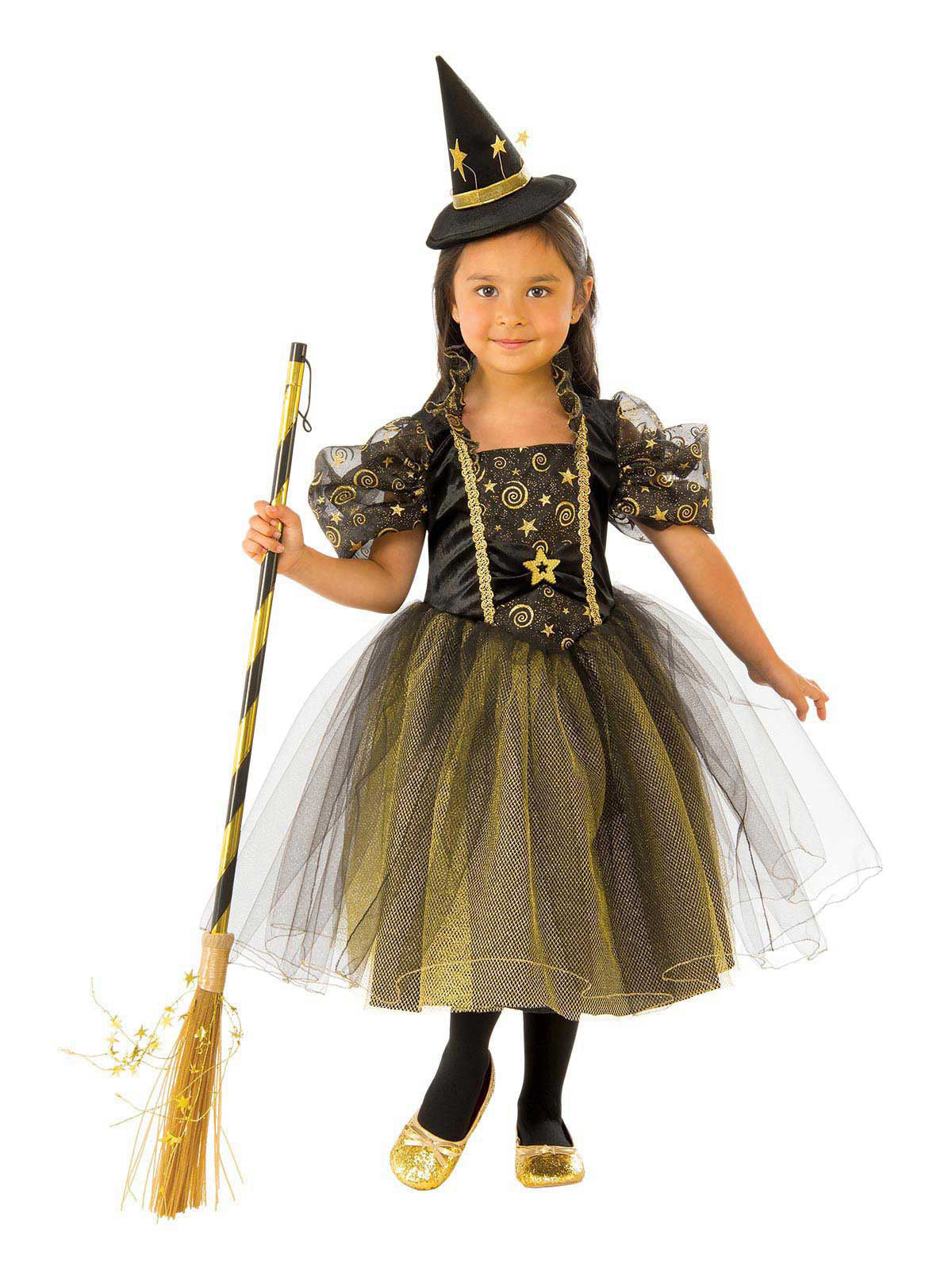 Golden Star Witch Kids Halloween Costume with Glitter Dress and Hat