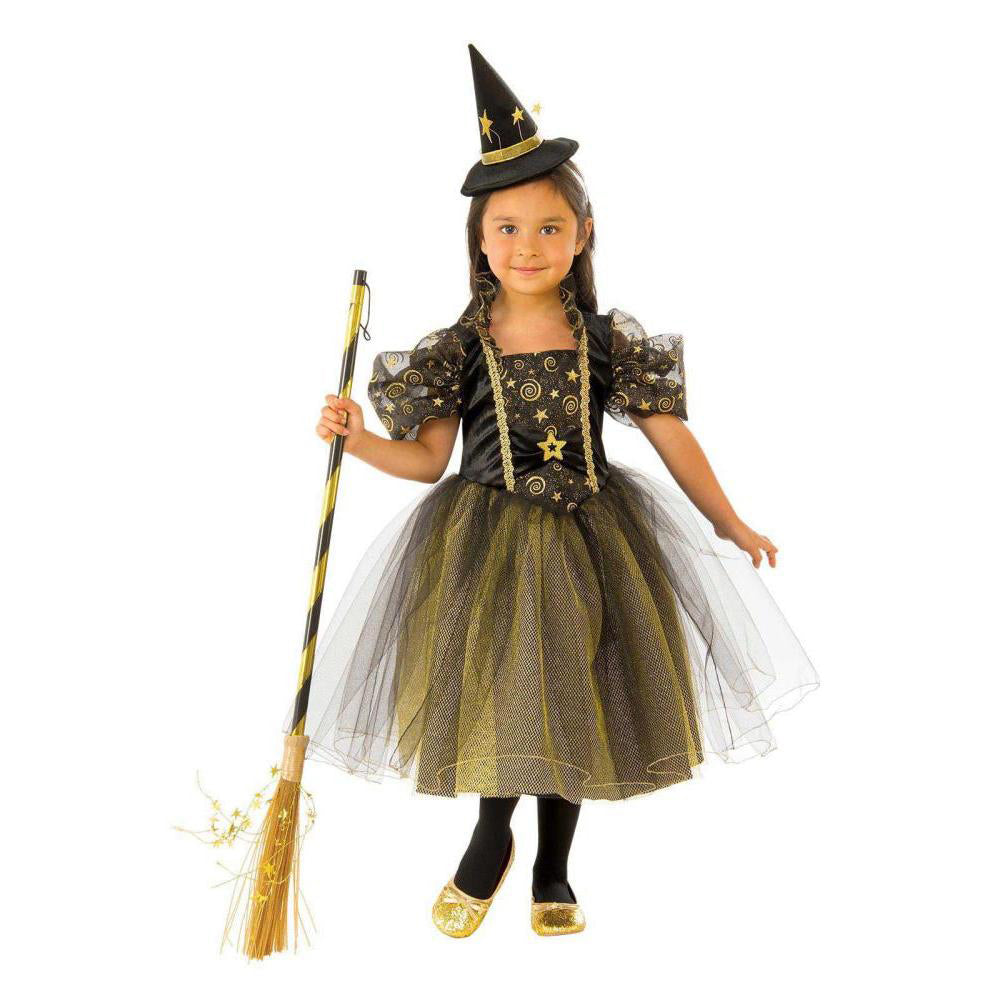 Golden Star Witch Kids Halloween Costume with Glitter Dress and Hat