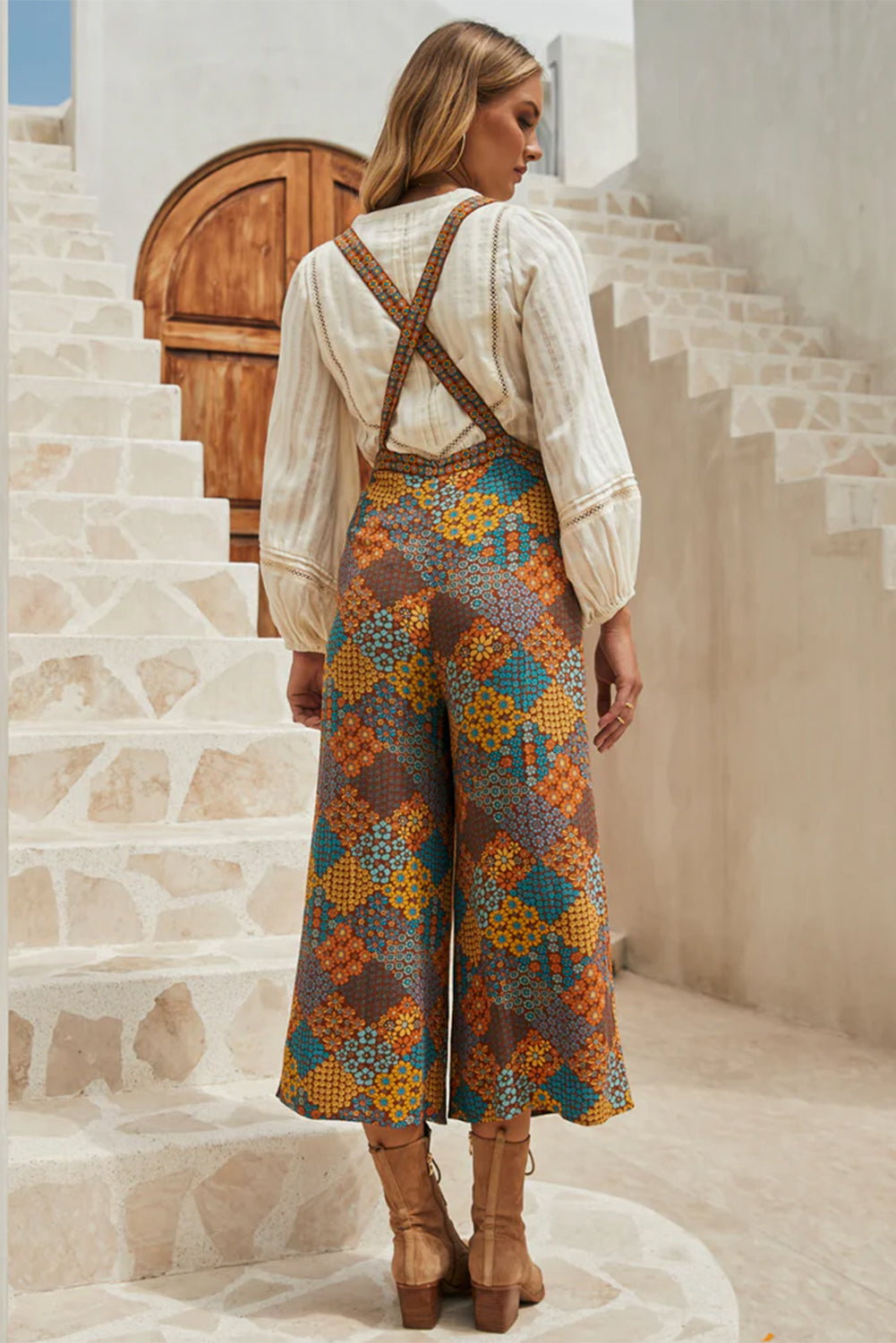 Multicolour Boho Floral Print Cross Straps Ankle Length Women’s Jumpsuit