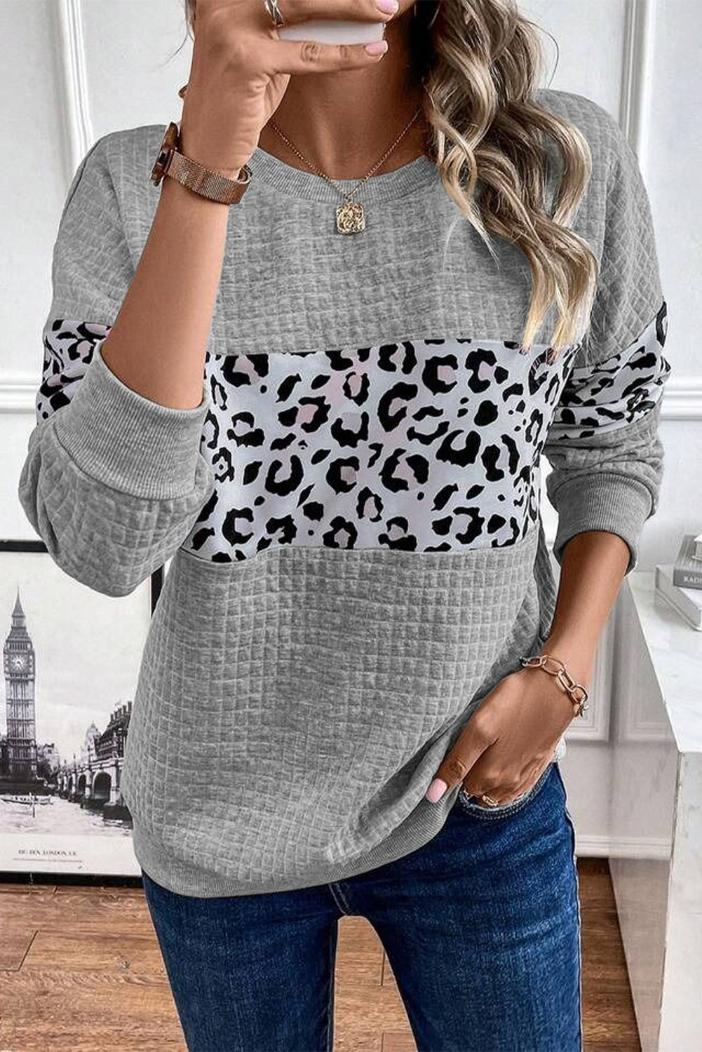 Leopard Quilted Patchwork Crew Neck Casual Sweatshirt