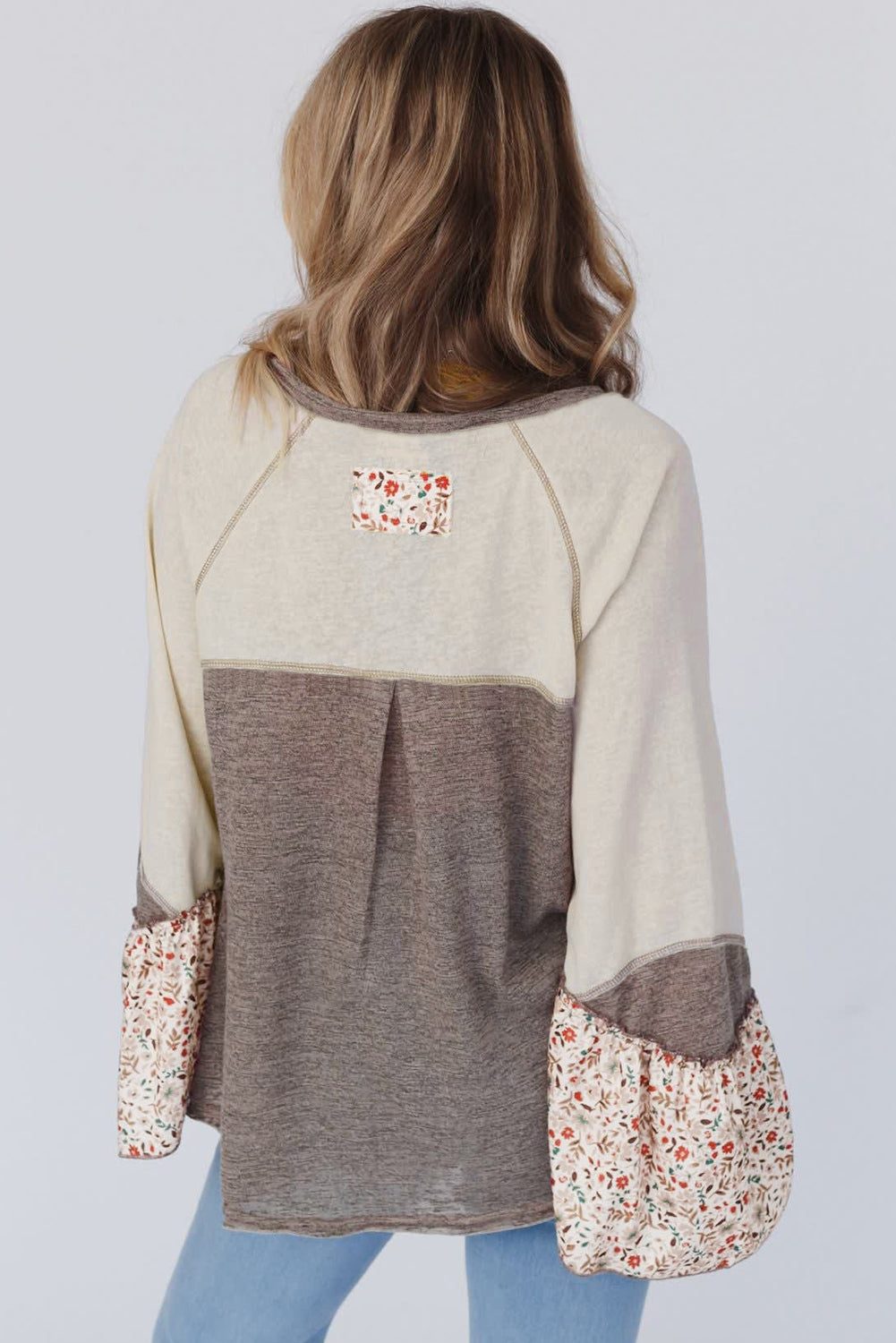 Goat Colourblock Floral Patchwork Henley Top with Flared Sleeves and Buttons