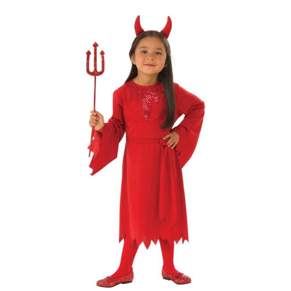Rubie's Red Devil Girls Costume with Jaggered Sleeve Dress and Horned Headband - Red Colour