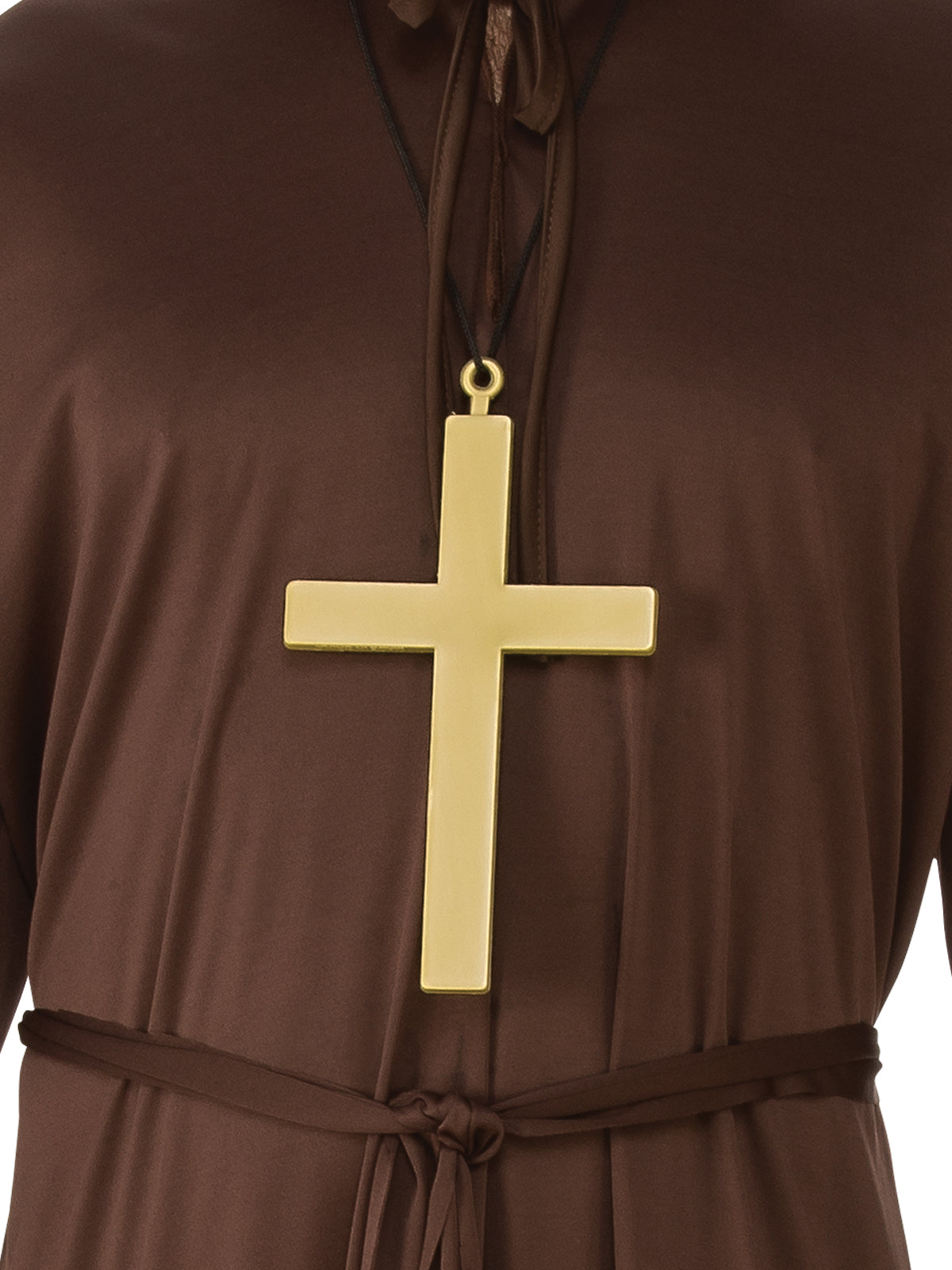 Monk Costume Adult Brown Hooded Robe with Cross Necklace and Waist Belt