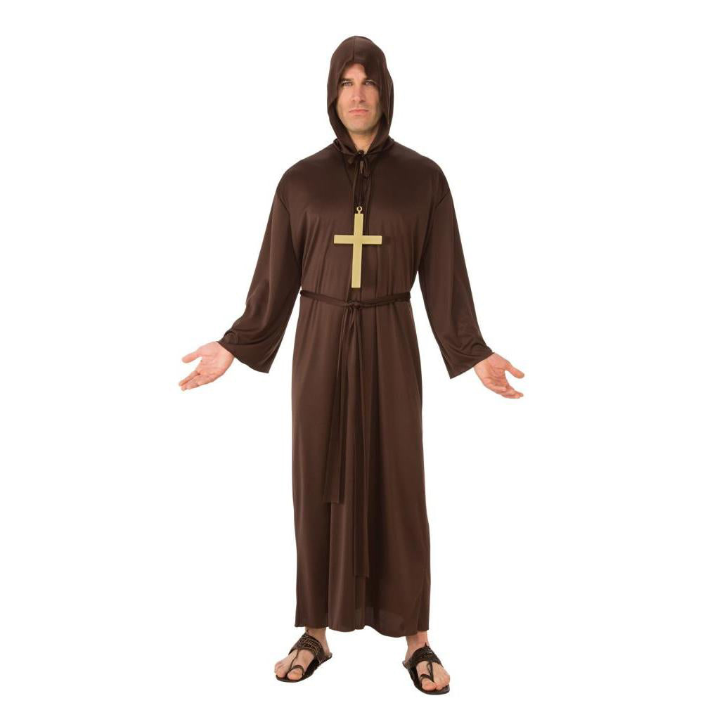Monk Costume Adult Brown Hooded Robe with Cross Necklace and Waist Belt