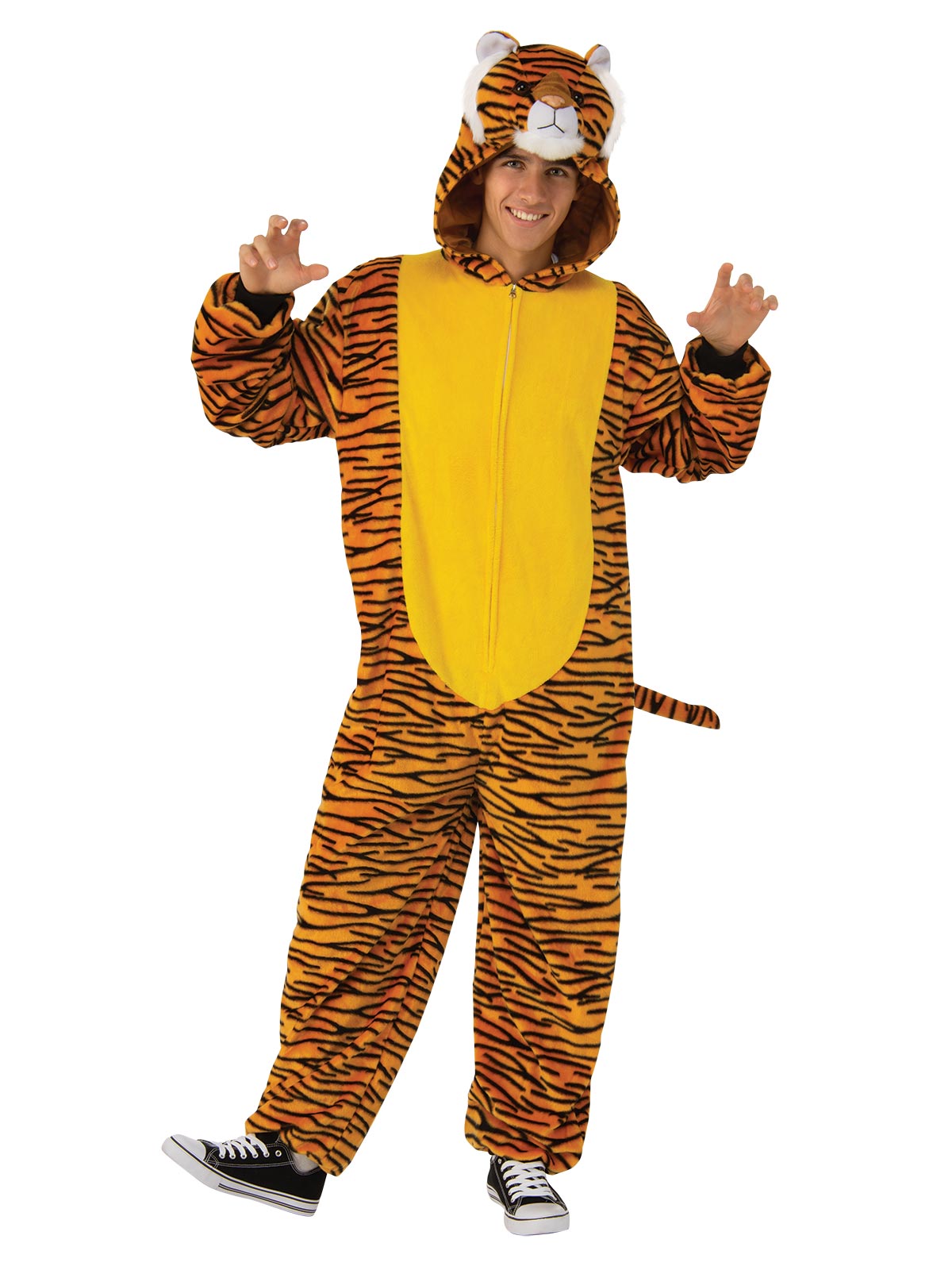 Tiger Onesie Costume for Adults Furry Hooded Jumpsuit with Tail and Ears