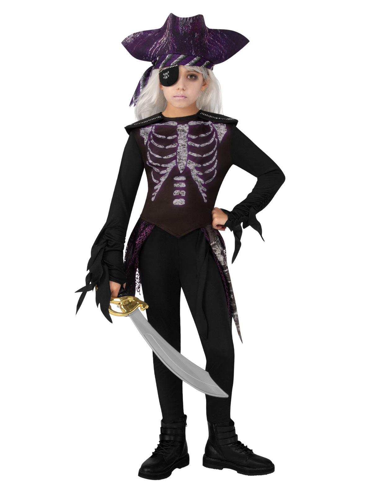 Ghost Ship Pirate Girl Kids Halloween Costume with Shirt Leggings Hat and Eye Patch