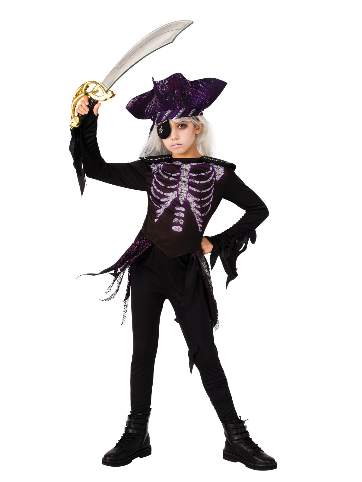 Ghost Ship Pirate Girl Kids Halloween Costume with Shirt Leggings Hat and Eye Patch