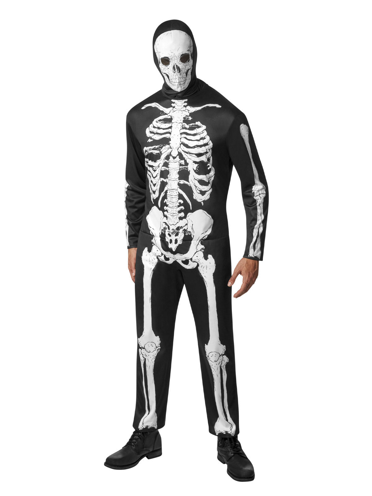 Adult Skeleton Costume Jumpsuit with Skull Hood Scary Halloween Outfit