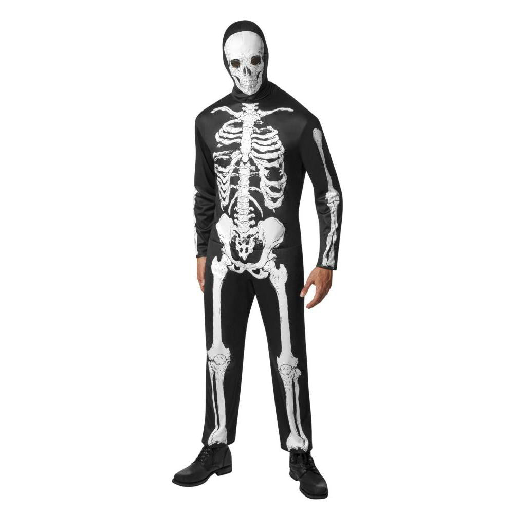 Adult Skeleton Costume Jumpsuit with Skull Hood Scary Halloween Outfit
