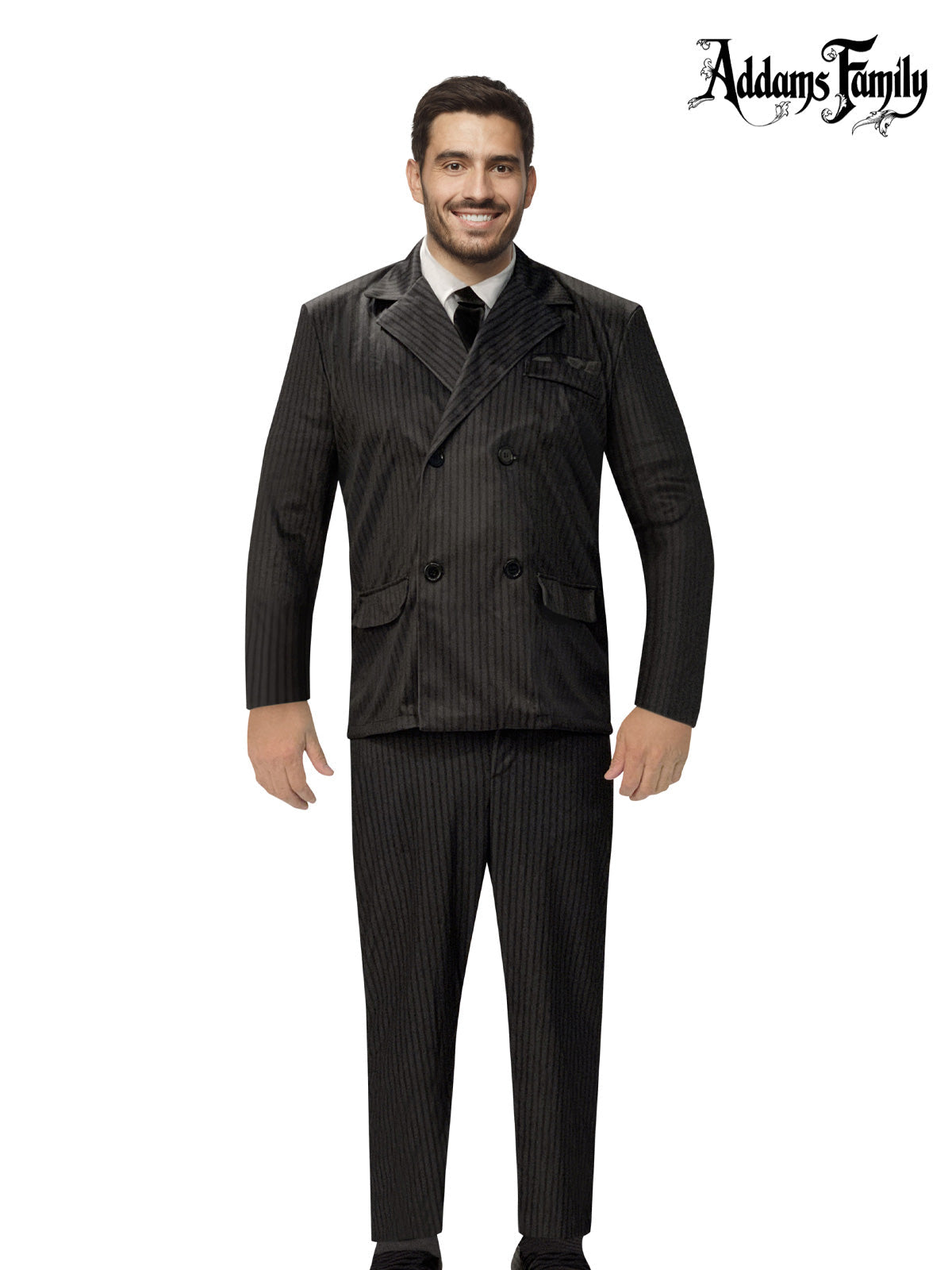 Gomez Addams Adult Halloween Costume with Pinstripe Jacket Shirt Front and Pants