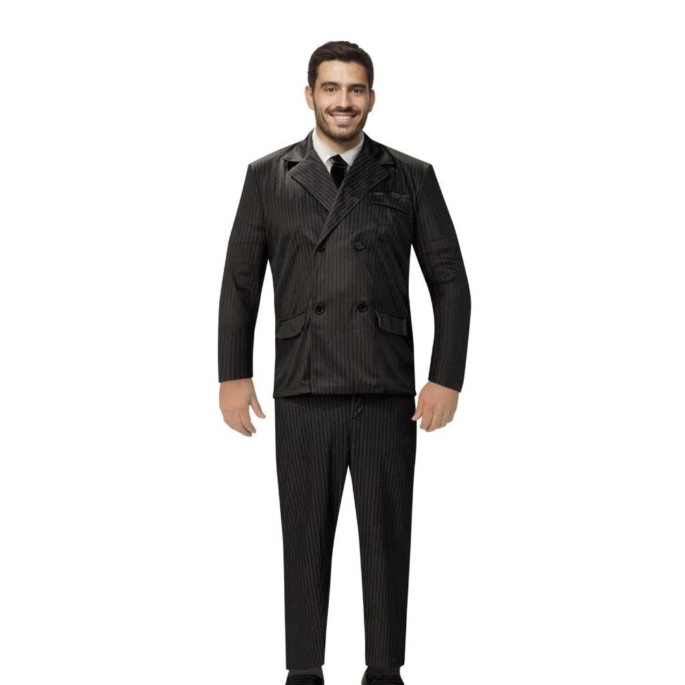 Gomez Addams Adult Halloween Costume with Pinstripe Jacket Shirt Front and Pants