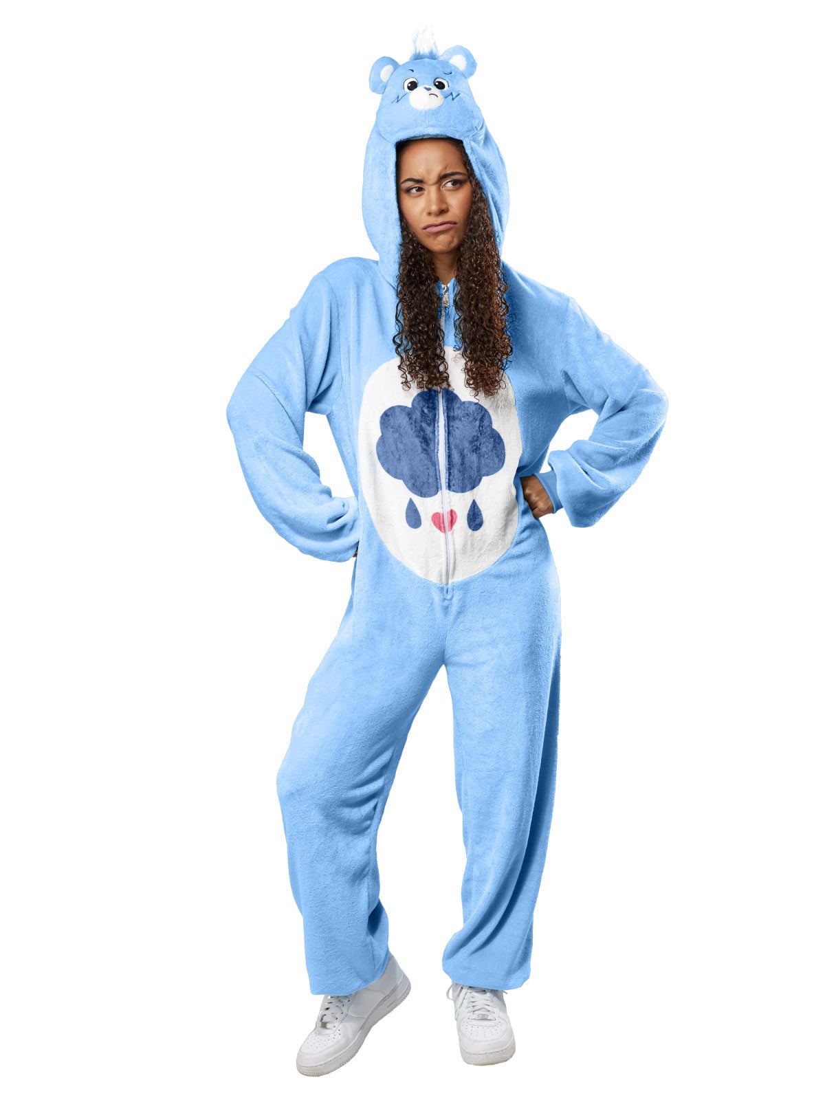 Grumpy Bear Adult Costume Plush Jumpsuit with Cloud Belly Badge