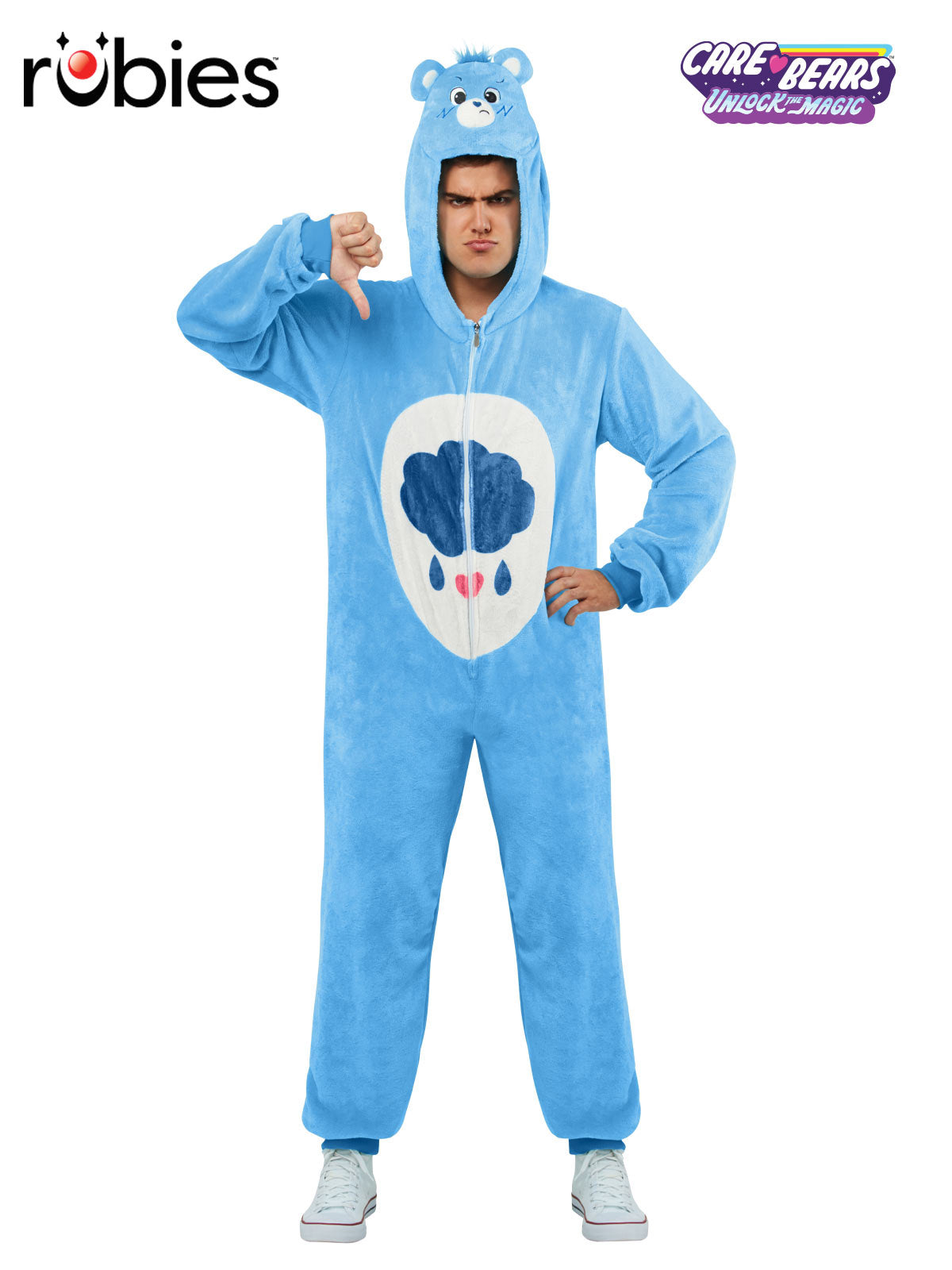Grumpy Bear Adult Costume Plush Jumpsuit with Cloud Belly Badge