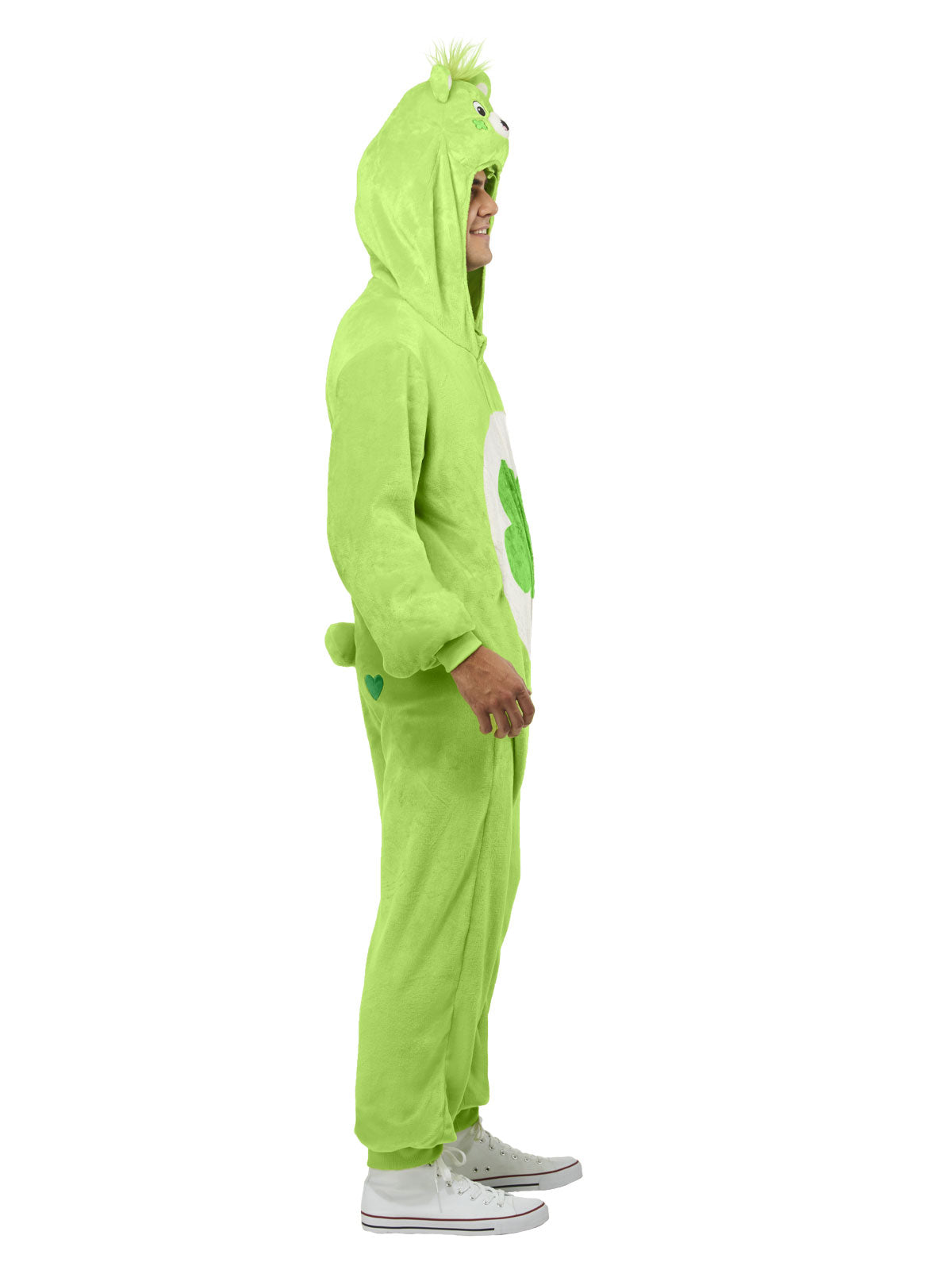Good Luck Bear Adult Costume Green Plush Jumpsuit with Clover Belly Badge