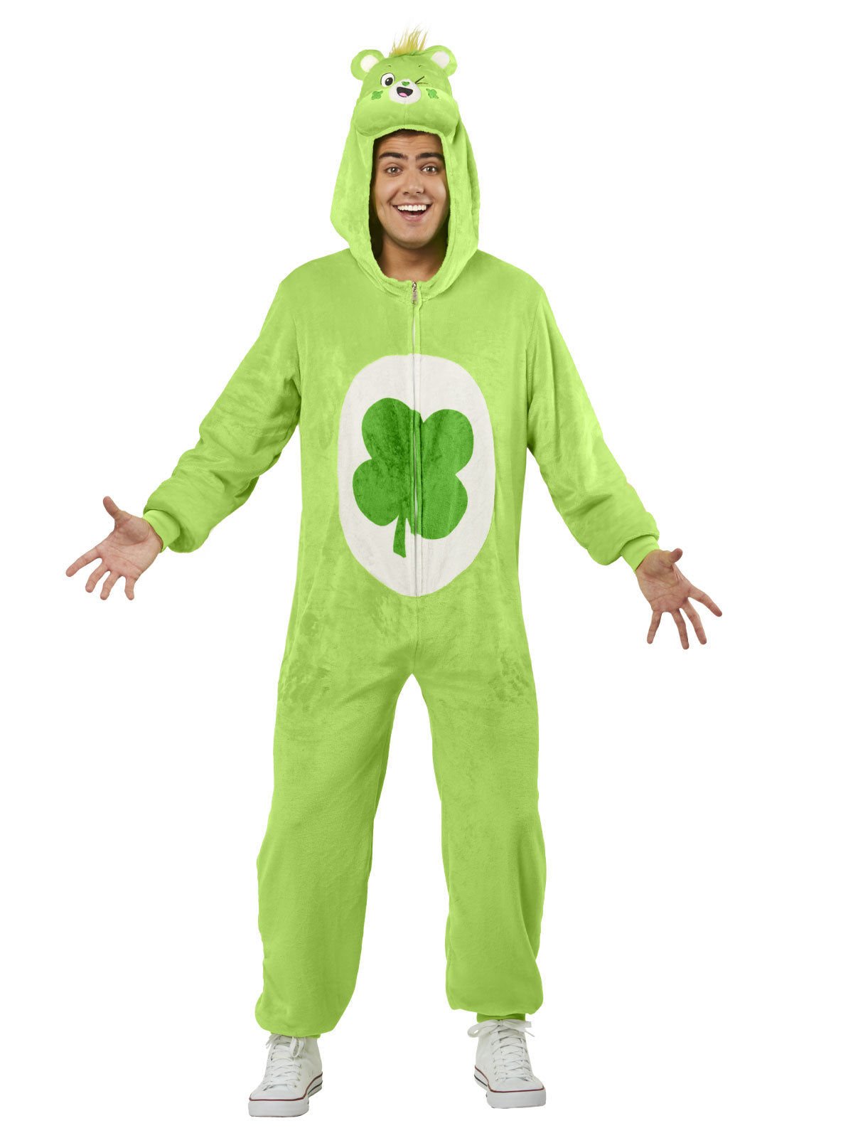 Good Luck Bear Adult Costume Green Plush Jumpsuit with Clover Belly Badge