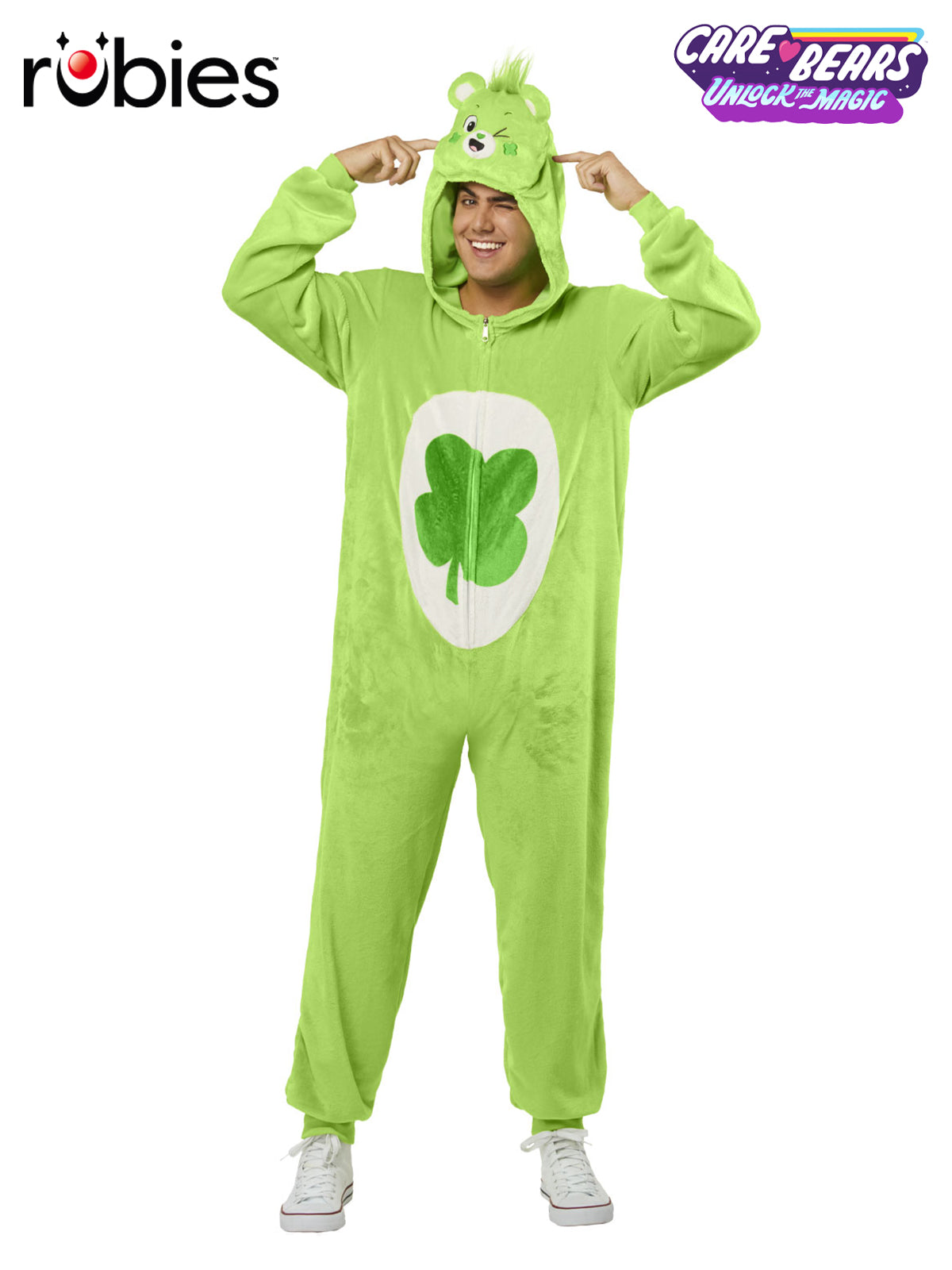 Good Luck Bear Adult Costume Green Plush Jumpsuit with Clover Belly Badge
