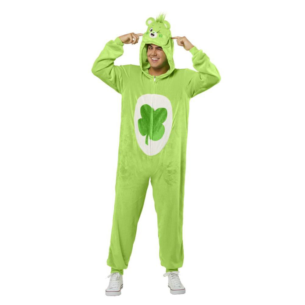 Good Luck Bear Adult Costume Green Plush Jumpsuit with Clover Belly Badge