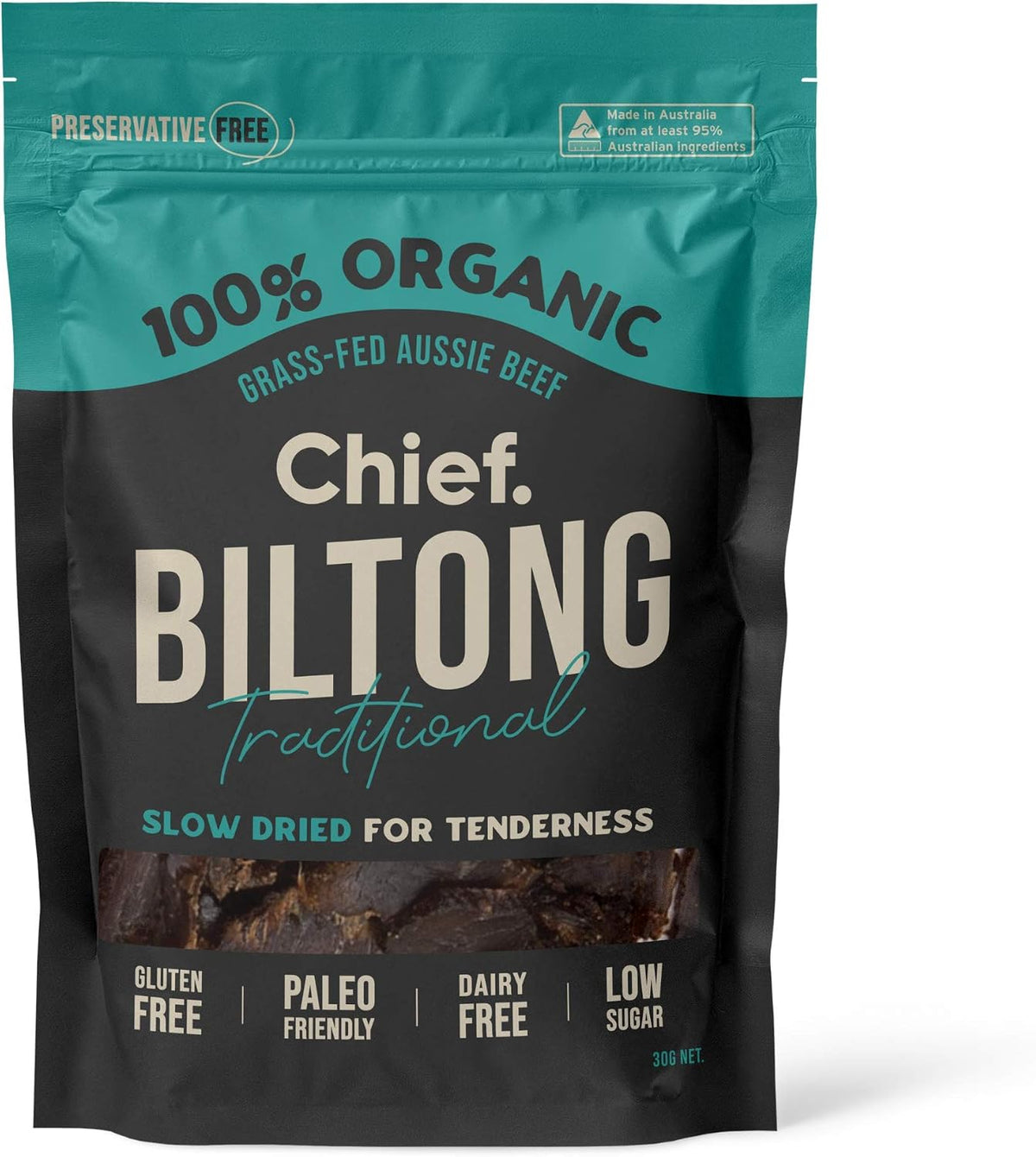 CHIEF Traditional Beef Biltong Grass-Fed Air Dried High Protein 12 x 30g Bags