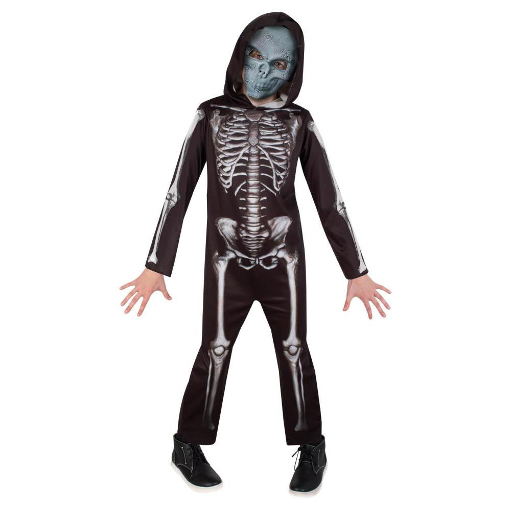 Kids Skeleton Costume Jumpsuit with Hood and Skull Mask Halloween Outfit