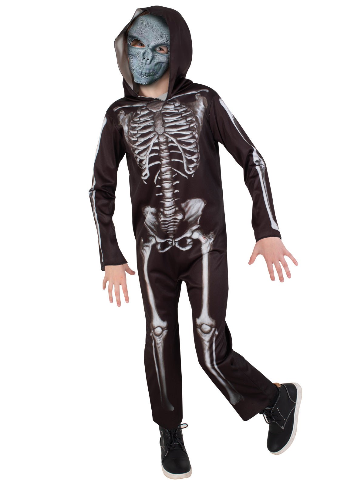Kids Skeleton Costume Jumpsuit with Hood and Skull Mask Halloween Outfit