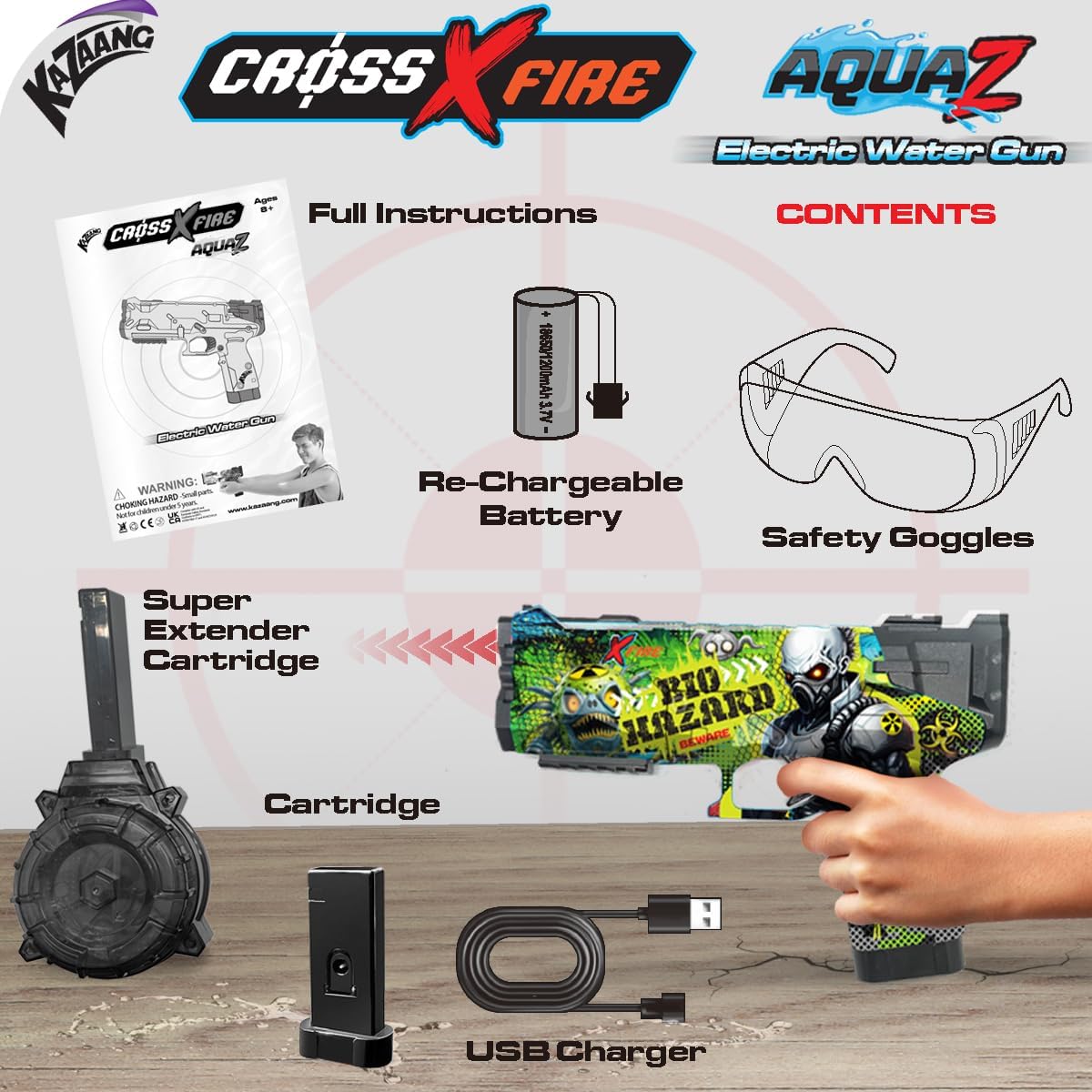 Kazaang CrossXFire AquaZ Biohazard Electric Water Gun – 10m Range, 1200mAh Rechargeable Battery, Medium Size