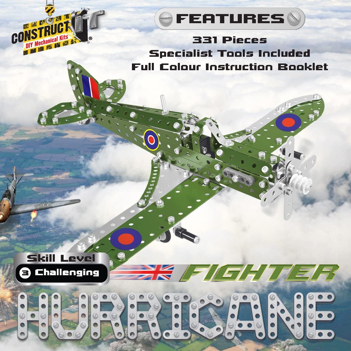 Construct IT Hurricane Fighter Plane - 331 Piece STEM Toys Construction Kit for 8+ Year Old's - Build Your Own Metal Plane for Kids Ages 8-12