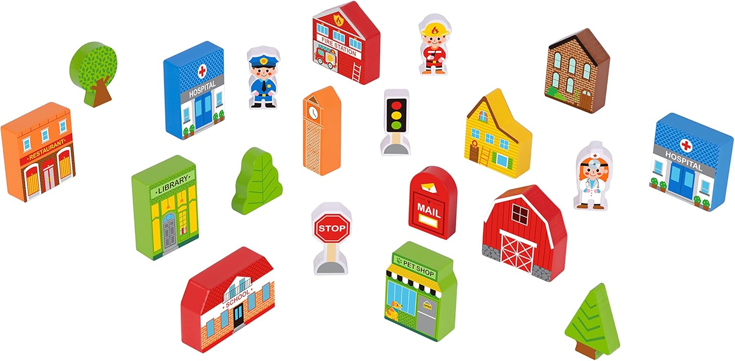 Tooky Toy Town Play Set in Wooden Case – Wooden Town Building and Figurines Pretend Play City Set