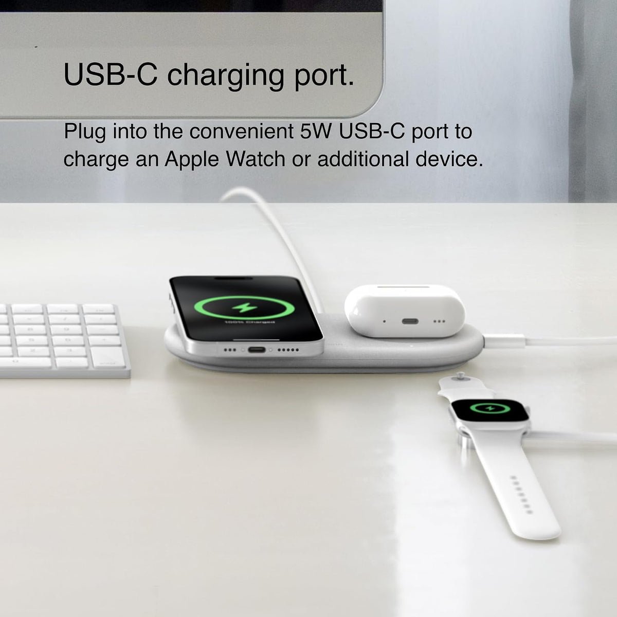 Belkin 2-in-1 Qi2 Magnetic Wireless Charger 15W iPhone AirPods White Fast Charge