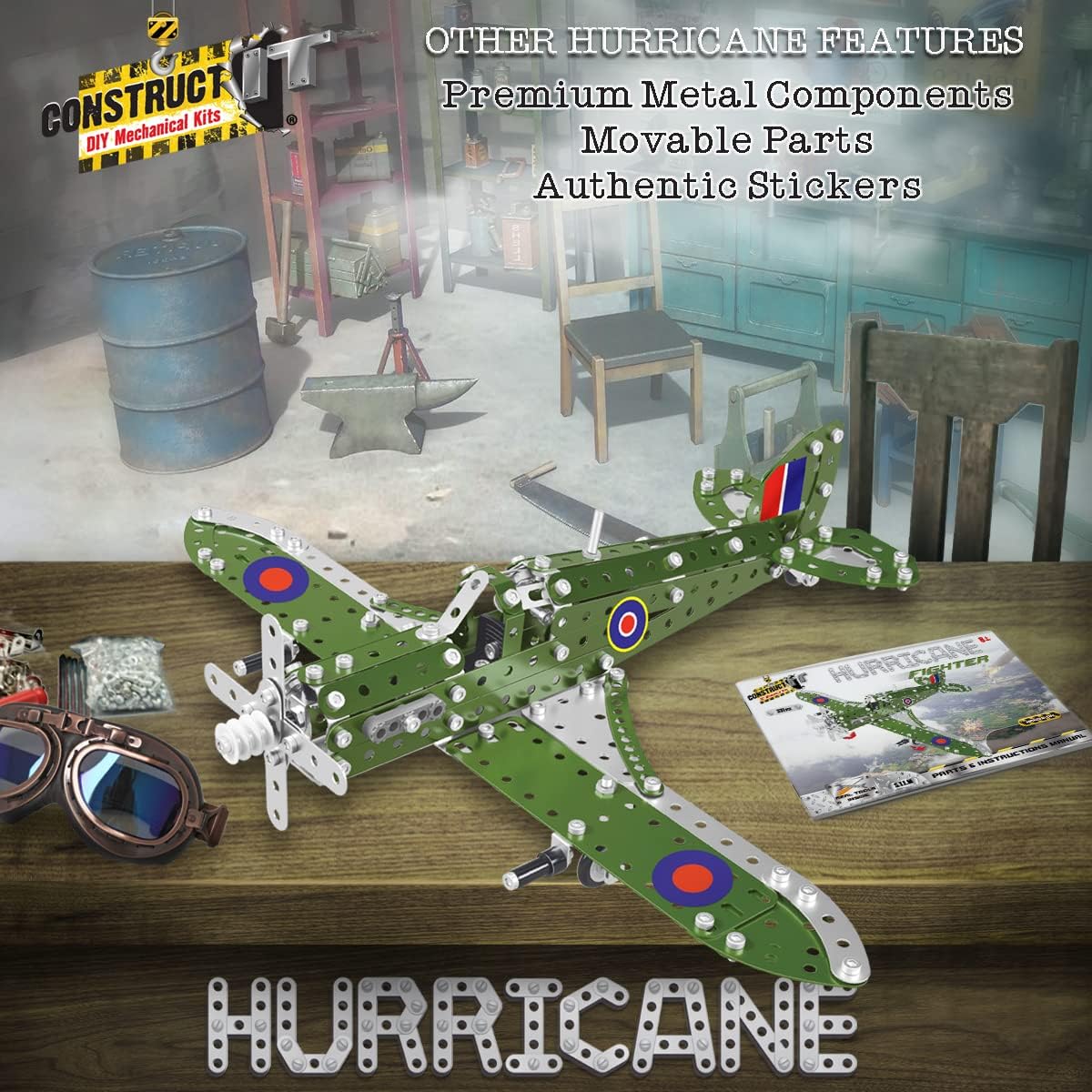 Construct IT Hurricane Fighter Plane - 331 Piece STEM Toys Construction Kit for 8+ Year Old's - Build Your Own Metal Plane for Kids Ages 8-12