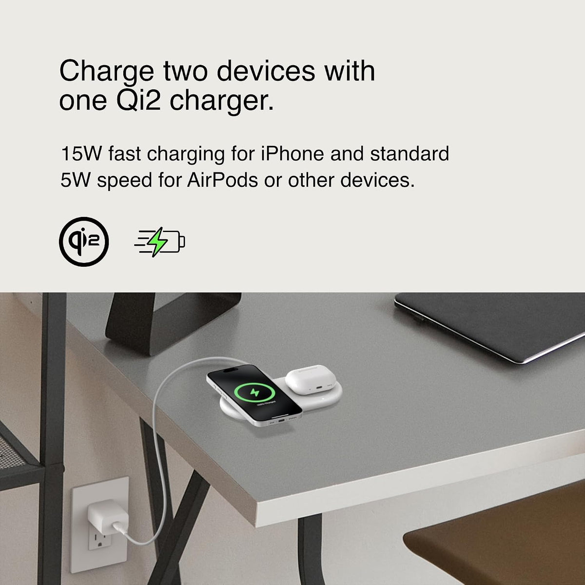 Belkin 2-in-1 Qi2 Magnetic Wireless Charger 15W iPhone AirPods White Fast Charge