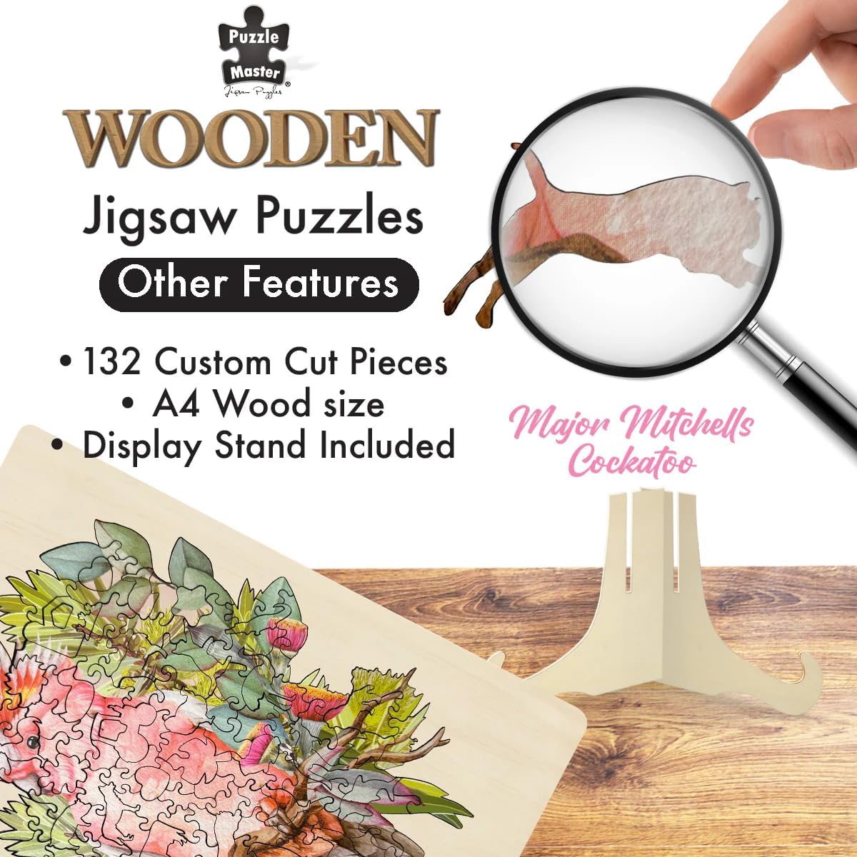 Major Mitchell Cockatoo Wooden Jigsaw Puzzle – 125-Piece Nature-Inspired Artistic Puzzle