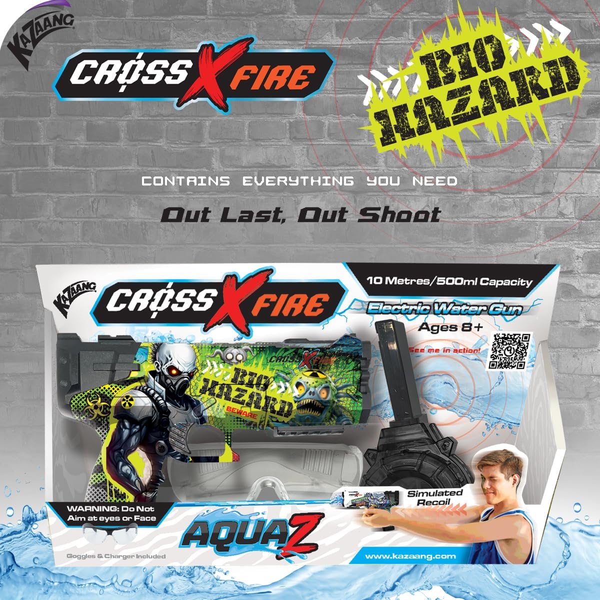 Kazaang CrossXFire AquaZ Biohazard Electric Water Gun – 10m Range, 1200mAh Rechargeable Battery, Medium Size