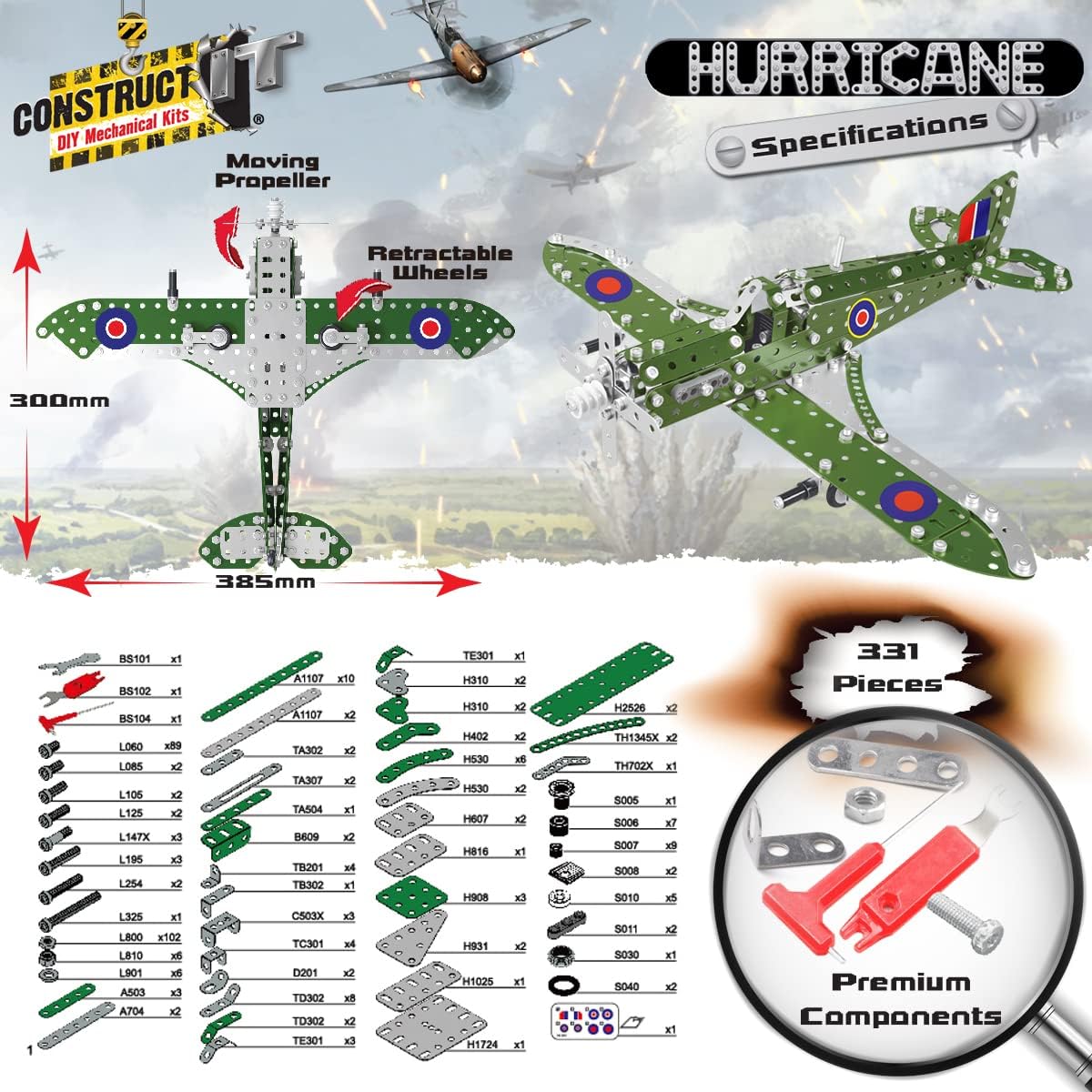 Construct IT Hurricane Fighter Plane - 331 Piece STEM Toys Construction Kit for 8+ Year Old's - Build Your Own Metal Plane for Kids Ages 8-12