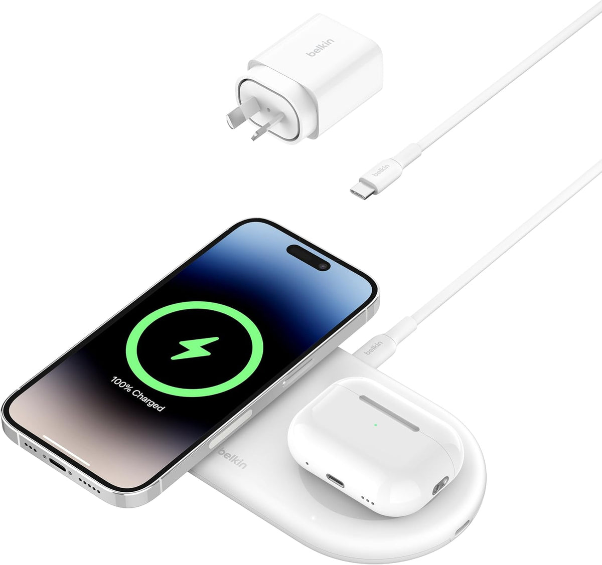 Belkin 2-in-1 Qi2 Magnetic Wireless Charger 15W iPhone AirPods White Fast Charge