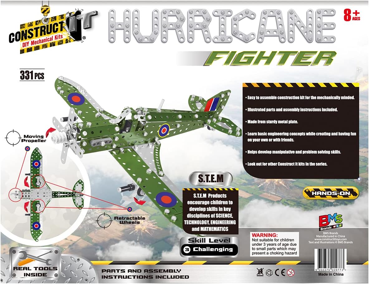 Construct IT Hurricane Fighter Plane - 331 Piece STEM Toys Construction Kit for 8+ Year Old's - Build Your Own Metal Plane for Kids Ages 8-12
