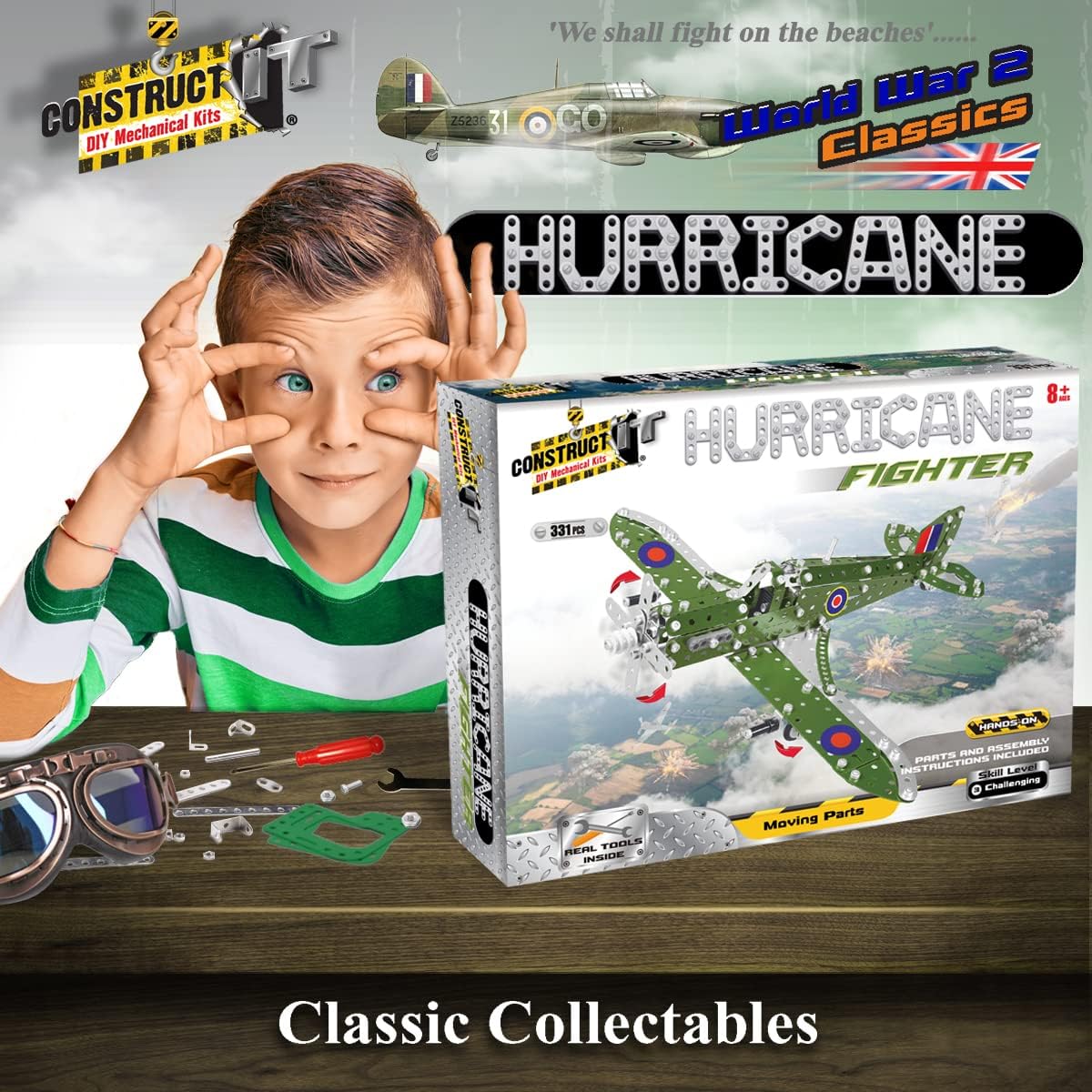 Construct IT Hurricane Fighter Plane - 331 Piece STEM Toys Construction Kit for 8+ Year Old's - Build Your Own Metal Plane for Kids Ages 8-12
