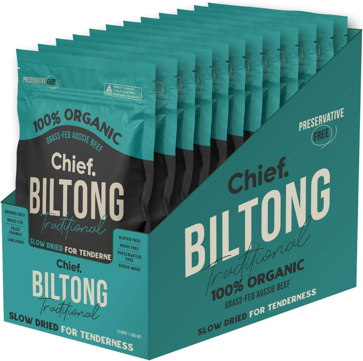 CHIEF Traditional Beef Biltong Grass-Fed Air Dried High Protein 12 x 30g Bags