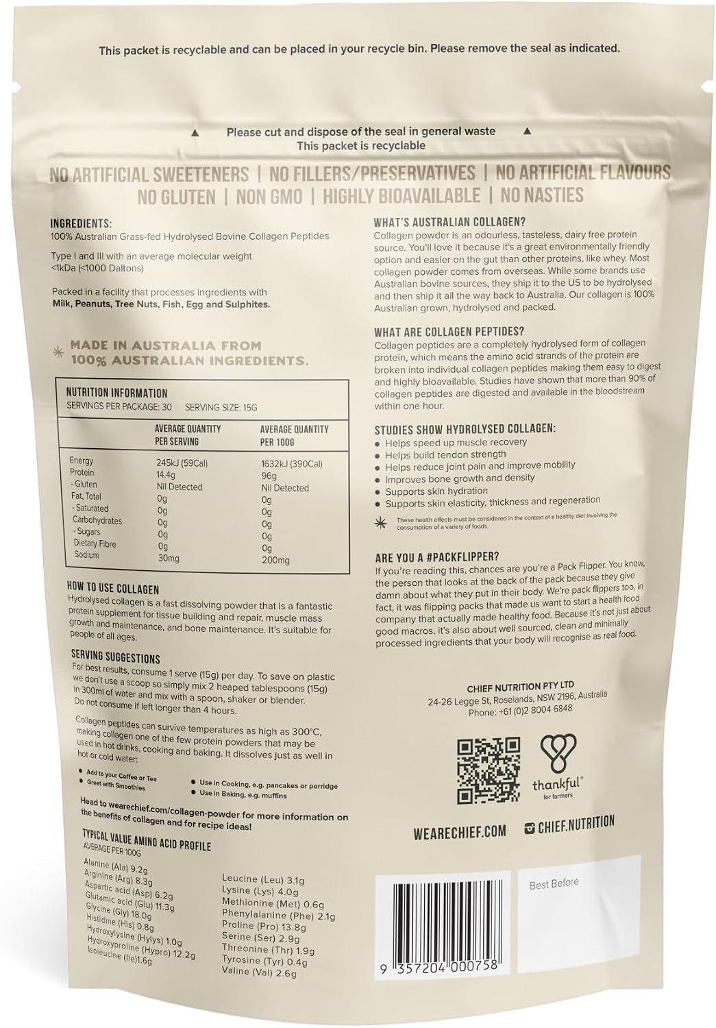 Chief Collagen Protein Powder Grass-Fed Keto Unflavoured 450g 30 Servings