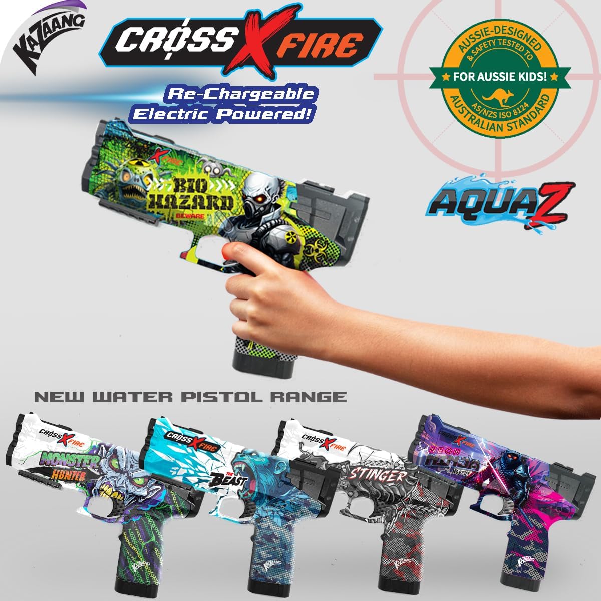 Kazaang CrossXFire AquaZ Biohazard Electric Water Gun – 10m Range, 1200mAh Rechargeable Battery, Medium Size