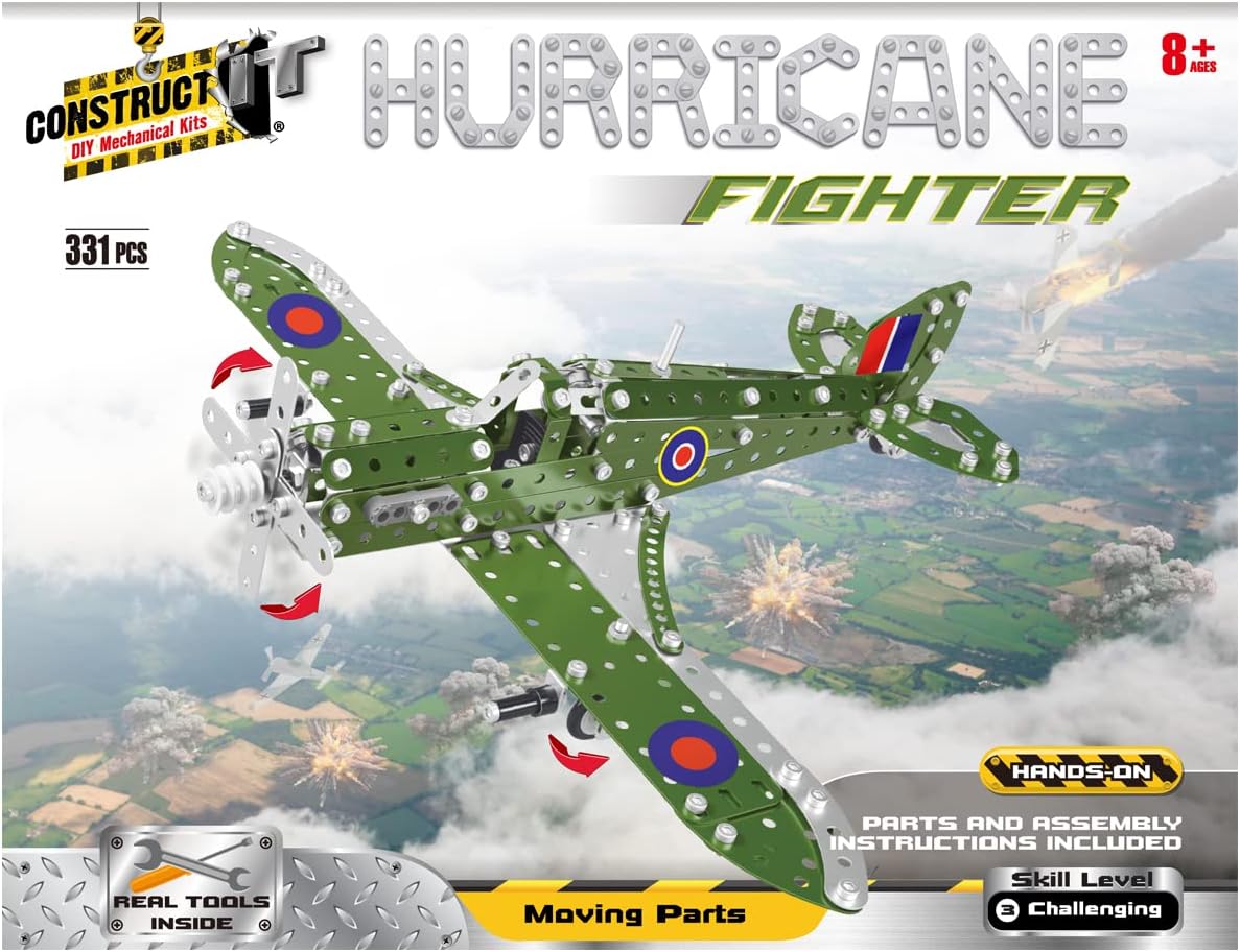 Construct IT Hurricane Fighter Plane - 331 Piece STEM Toys Construction Kit for 8+ Year Old's - Build Your Own Metal Plane for Kids Ages 8-12