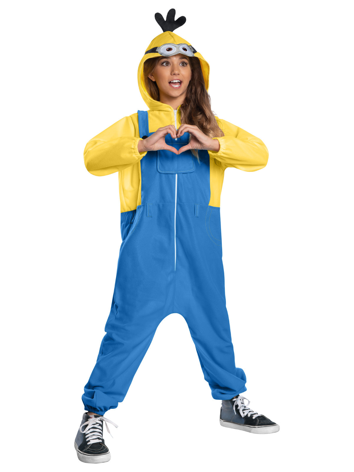 Minions Unisex Hooded Jumpsuit Costume with 3D Hair and Front Zipper Closure – Yellow and Blue Colour