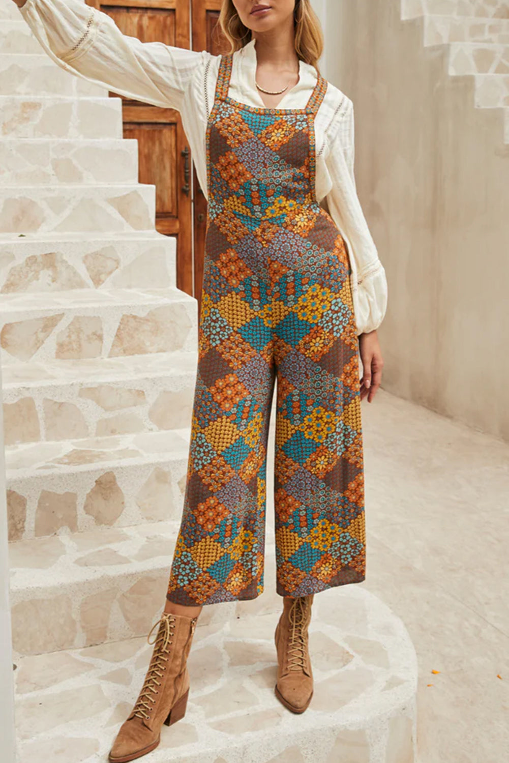Multicolour Boho Floral Print Cross Straps Ankle Length Women’s Jumpsuit
