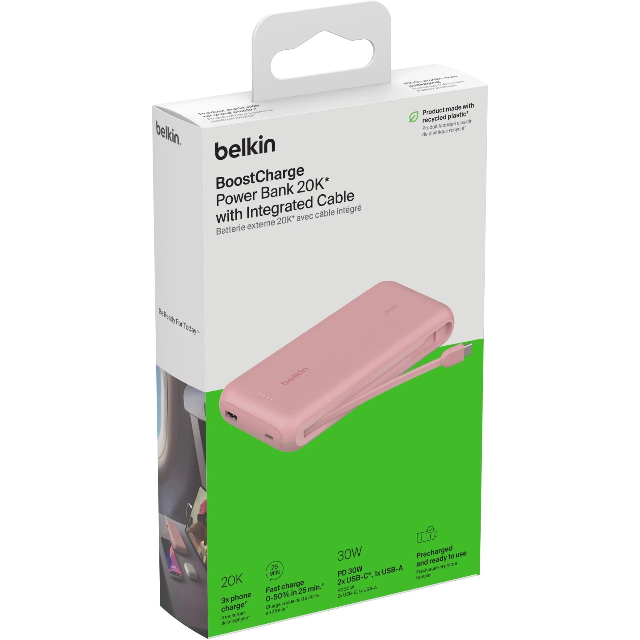 Belkin BoostCharge 20K Power Bank with Integrated USB-C Cable Pink