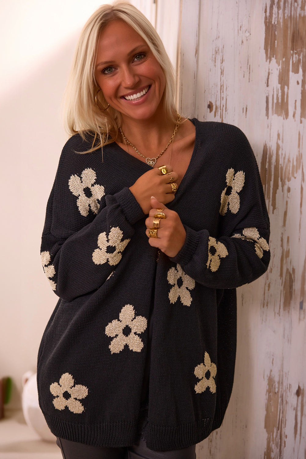 Orange Floral Print Knitted Open Front Loose Cardigan Women’s Casual Wear