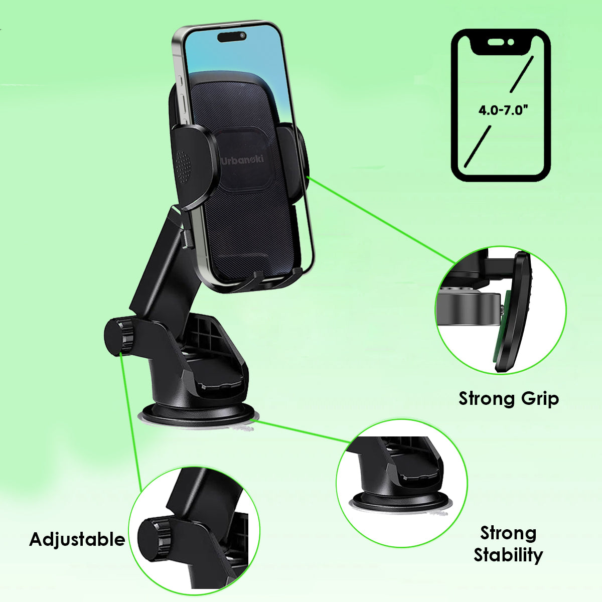Urbanoki 4 in 1 Car Phone Holder Dashboard Windshield Vent Mount for All Phones - Black